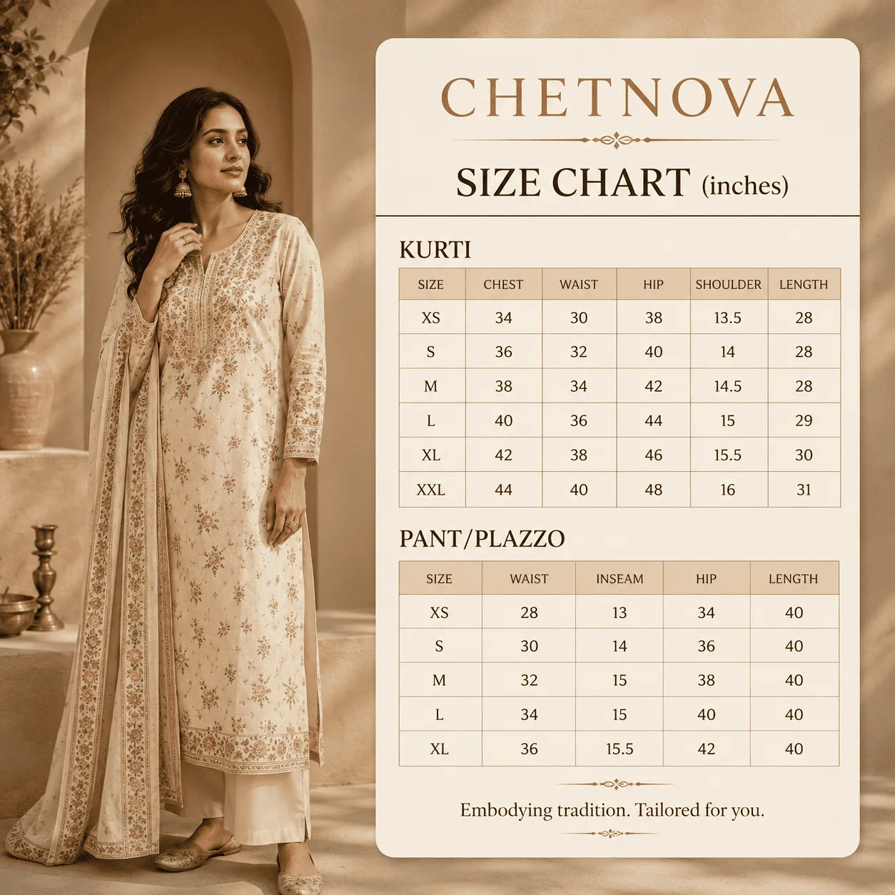 CHETNOVA kurta size chart in inches