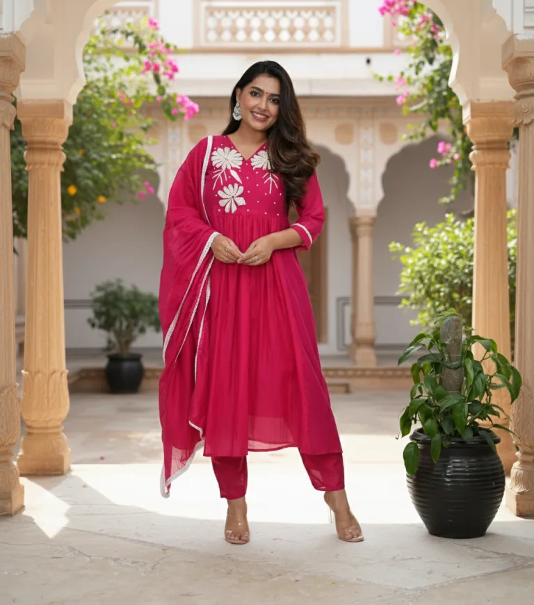 Premium Roman Heavy Hand Work Kurta Set With Dupatta - Default