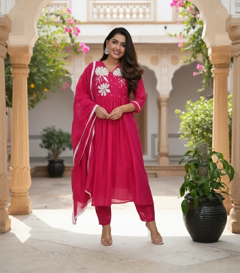 Premium Roman Heavy Hand Work Kurta Set With Dupatta - Default