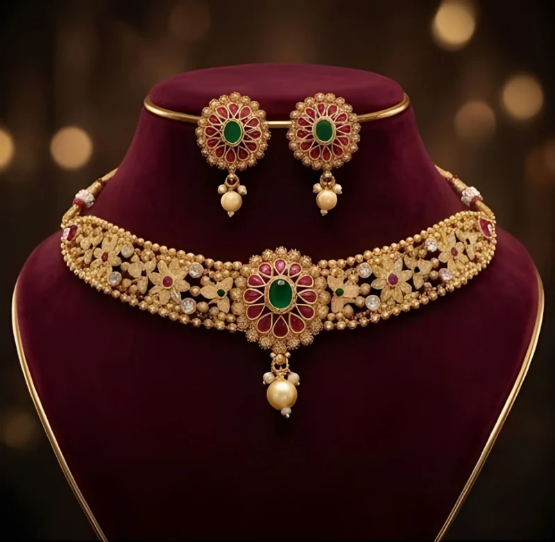 Traditional Floral Choker Necklace Set with Green Red Stones for Women