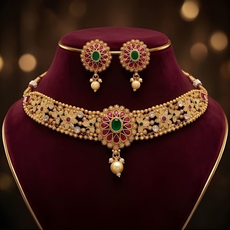 Traditional Floral Choker Necklace Set with Green Red Stones for Women