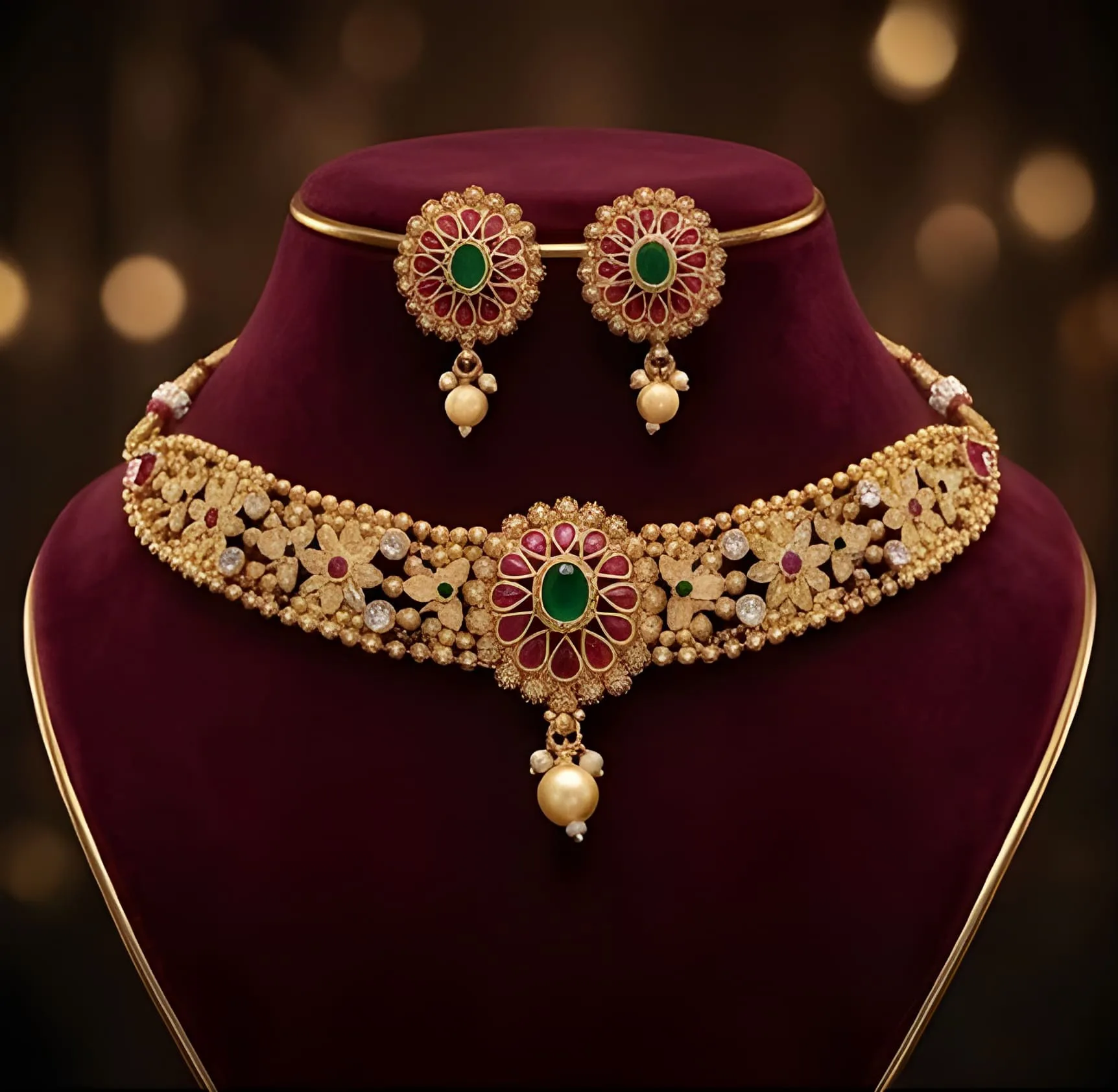 Traditional Floral Choker Necklace Set with Green Red Stones for Women