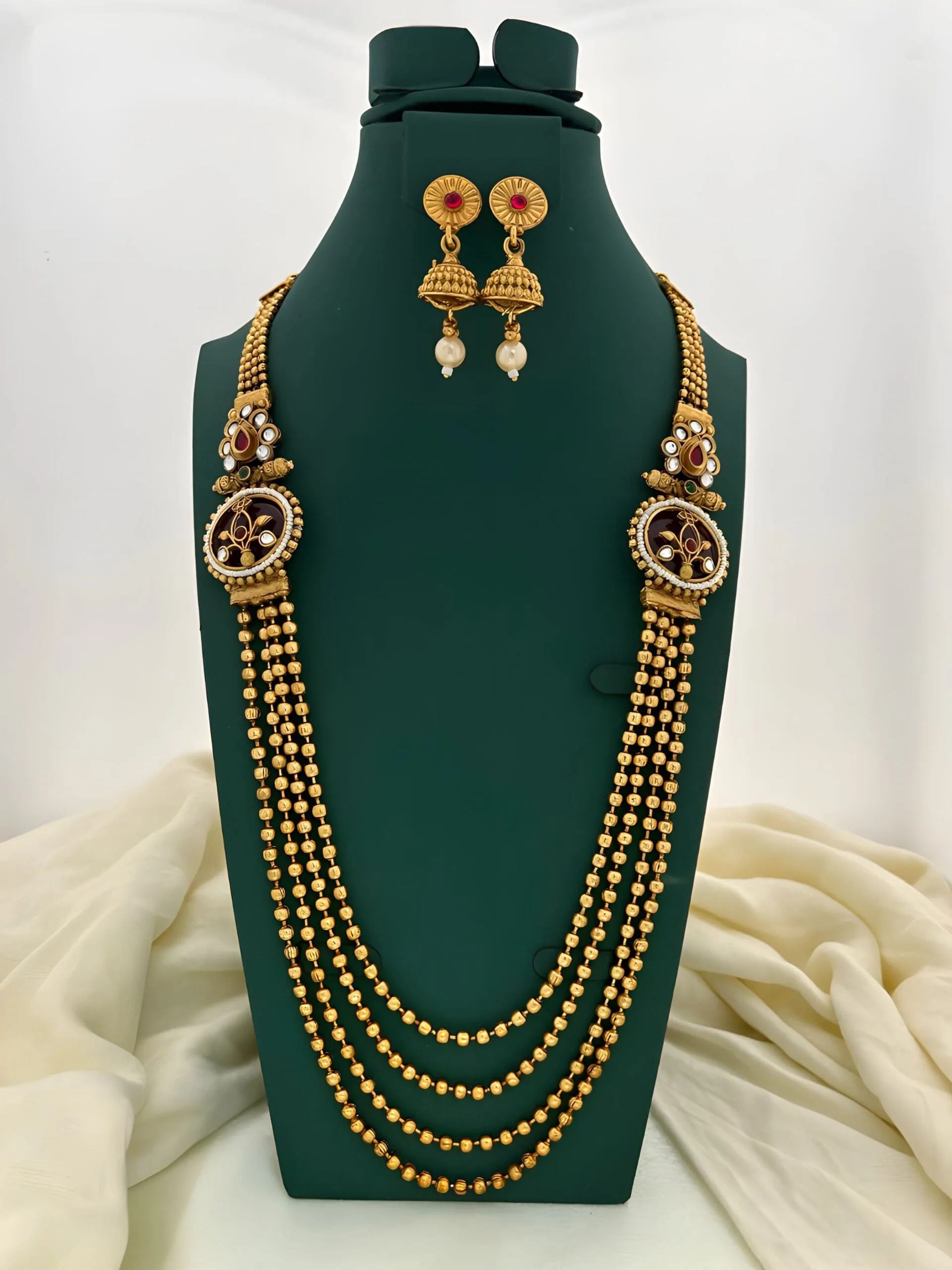 Traditional Gold Beaded Long Haram Necklace Set with Jhumka Earrings for Women