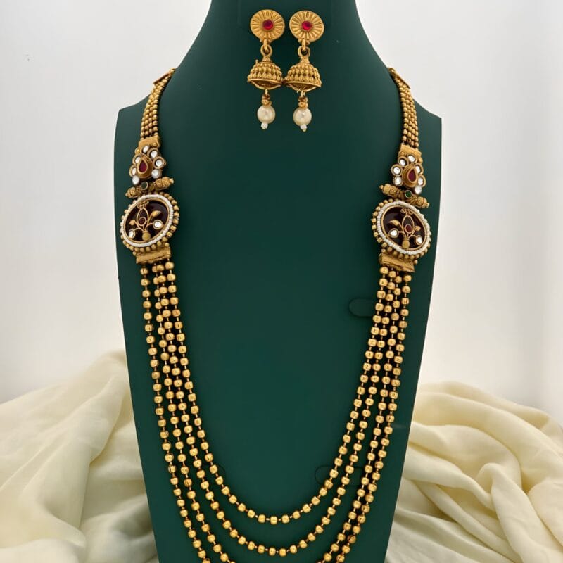 Traditional Gold Beaded Long Haram Necklace Set with Jhumka Earrings for Women