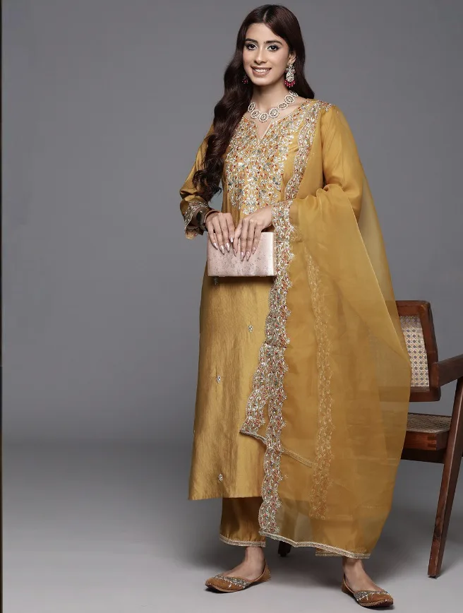 Chanderi Embroidery Kurta Set With Dupatta - Mustard