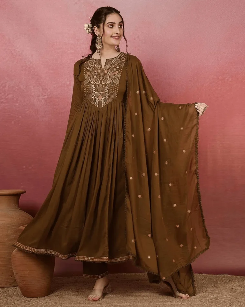 Viscose Chanderi Embroidered Kurta Set With Dupatta - Brown