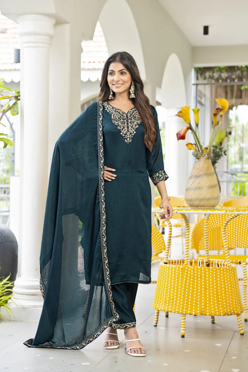 Vichitra Embroidery Kurta Set With Dupatta - Default