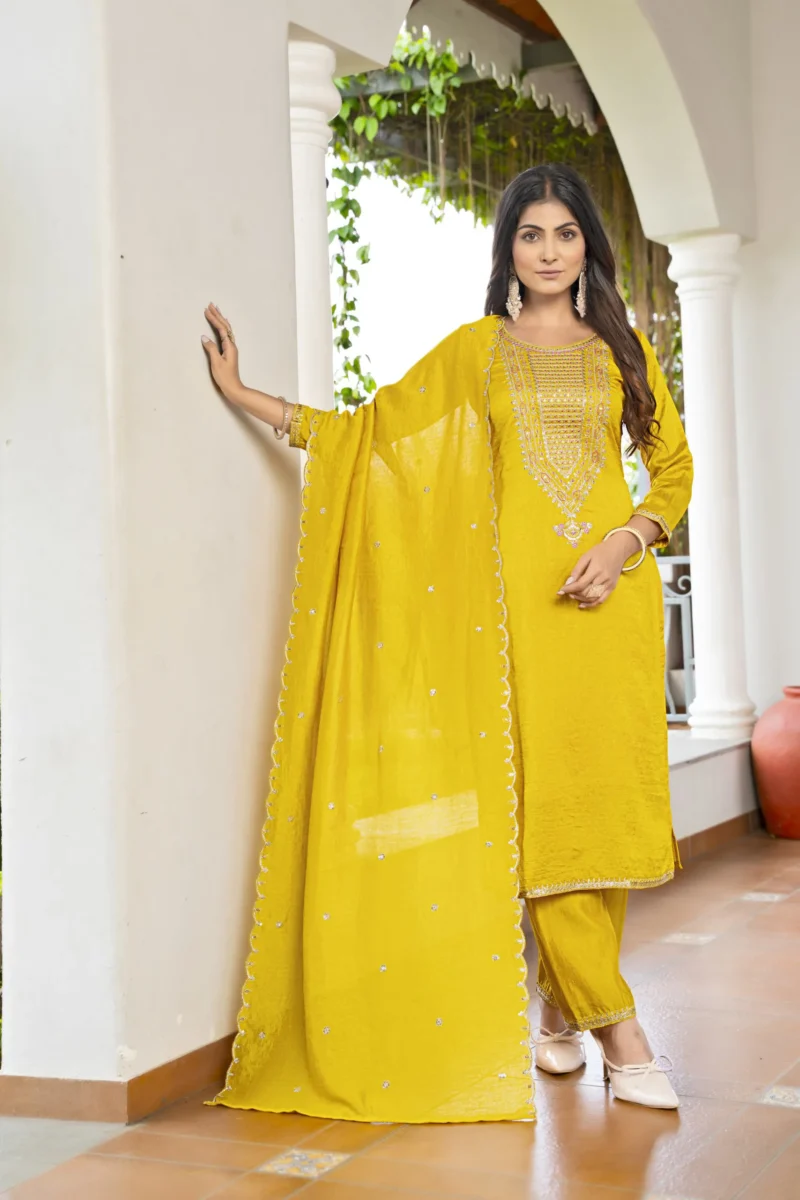 Vichitra Embroidery Kurta Set With Dupatta - Default
