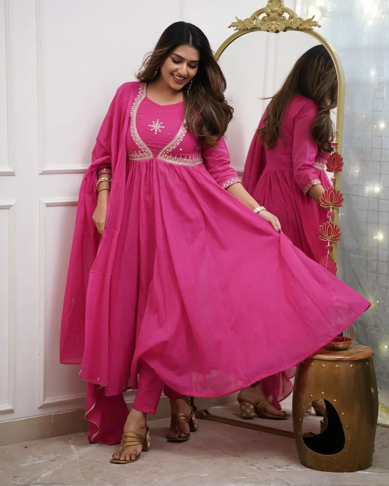 Muslin Cotton Embroidered Kurta Set With Dupatta - Default