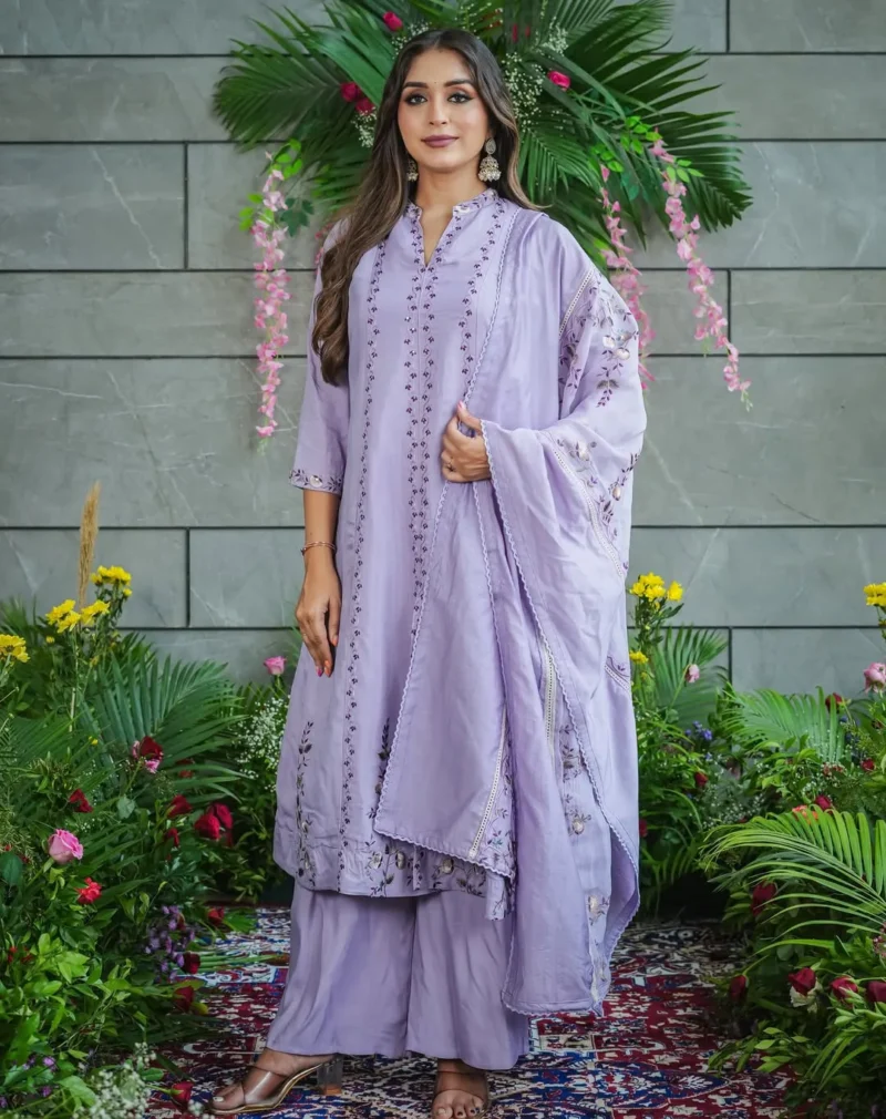 Muslin Cotton Embroidered And Flared Kurta Set With Dupatta - Default
