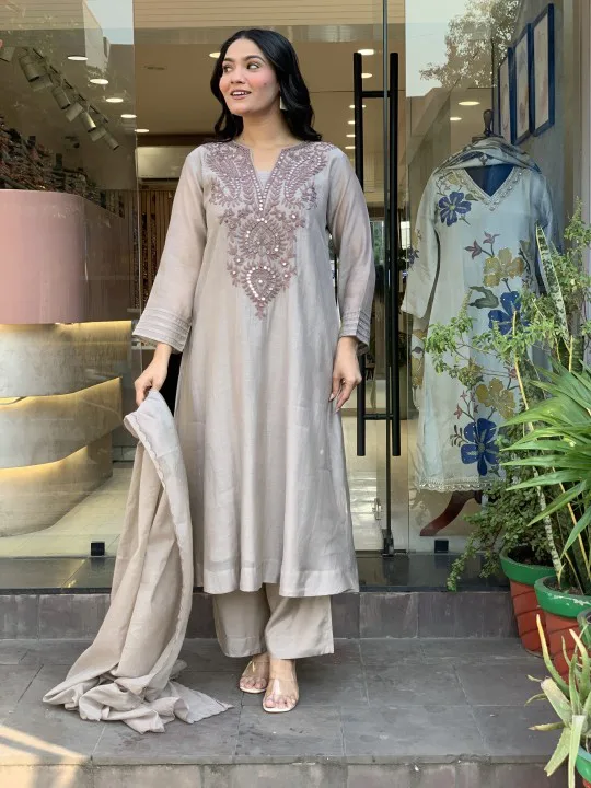 Muslin Cotton Heavy Embroidered Coding And Flared Kurta Set With Dupatta - Default