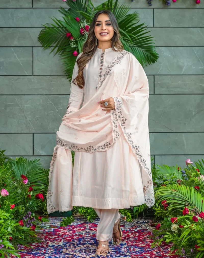 Muslin Cotton Embroidered With Flared Kurta Set With Dupatta - Default
