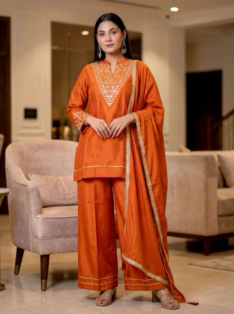 Cp Vichitra Silk Embroidered With Gotta Patti Kurta Set With Dupatta - Default