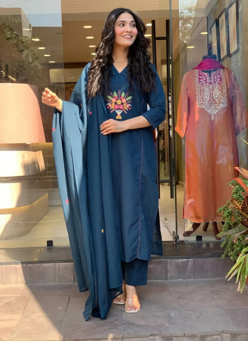Rayon Slub Embroidered With Moti Hand Kurta Set With Dupatta - Default