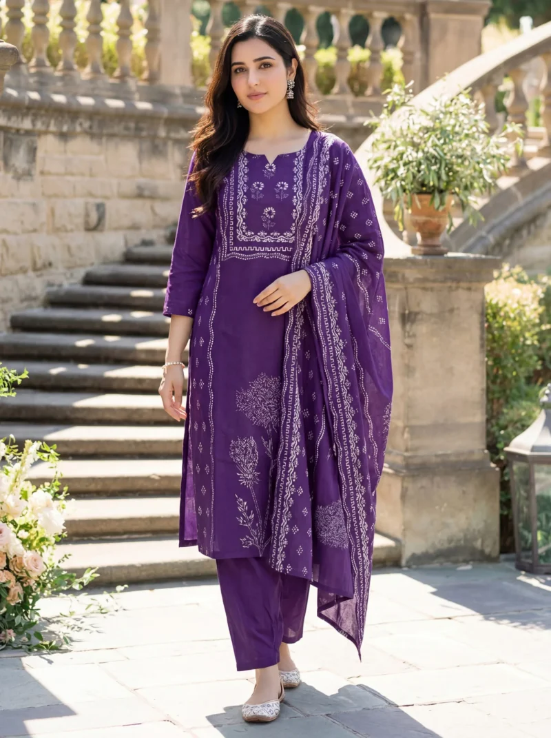 Muslin Position Hand Printed Kurta Set With Dupatta - Default