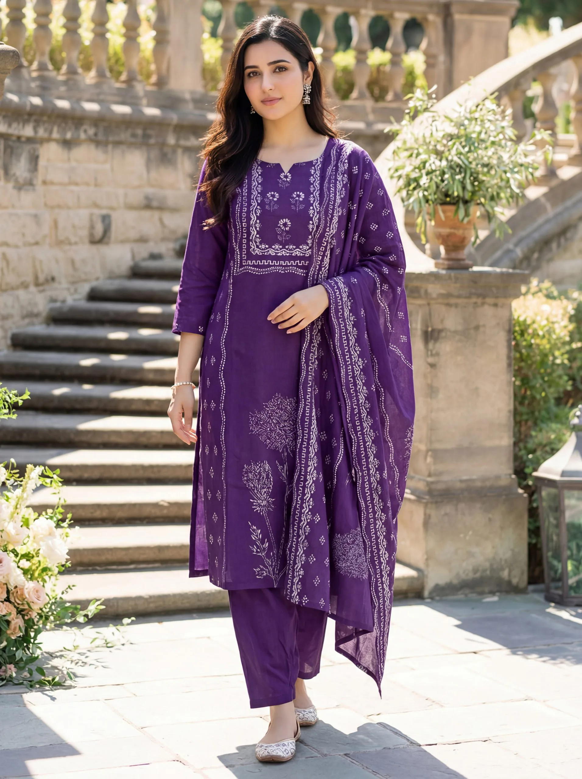 Muslin Position Hand Printed Kurta Set With Dupatta - Default