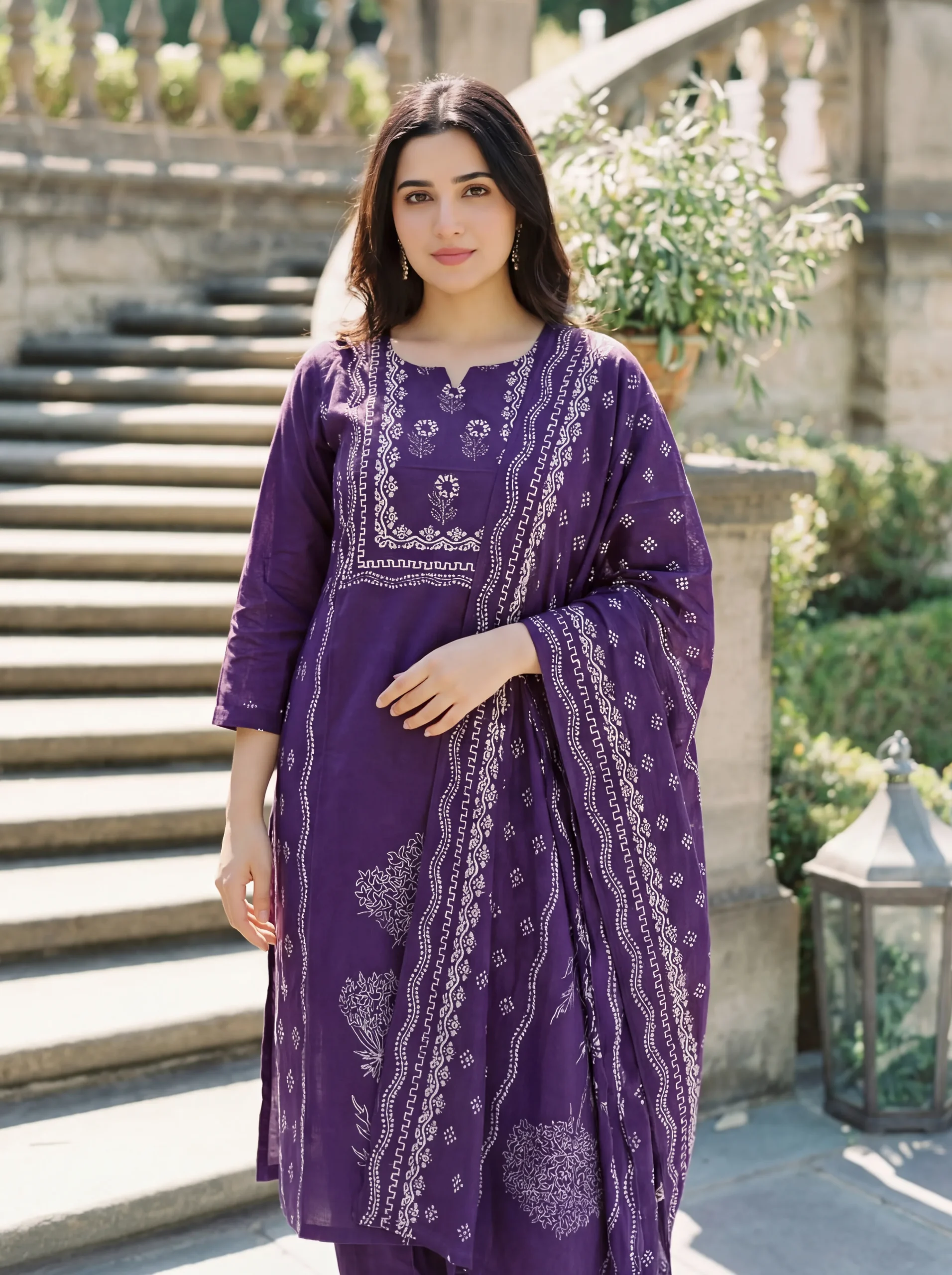 Muslin Position Hand Printed Kurta Set With Dupatta - Default