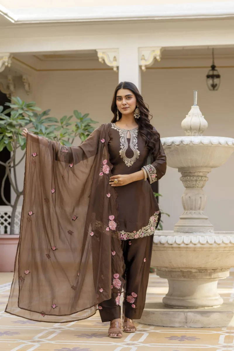 Japan Satin Embroidery Kurta Set With Dupatta - Coffee