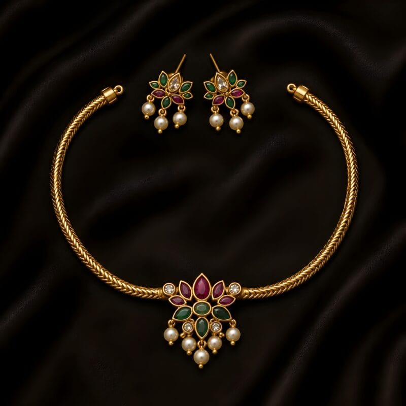 Traditional Floral Stone Necklace Set with Pearl Drops