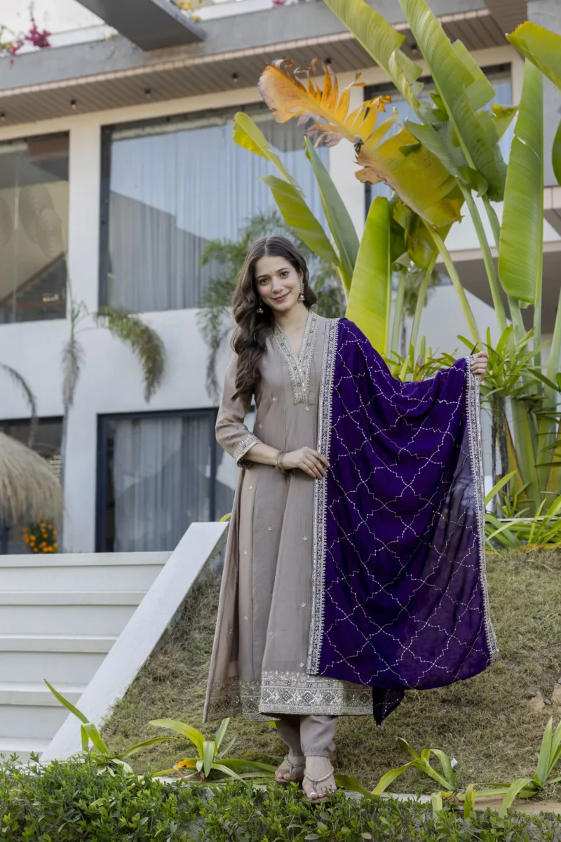 Vichitra Silk Embroidery Kurta Set With Dupatta - Chiku