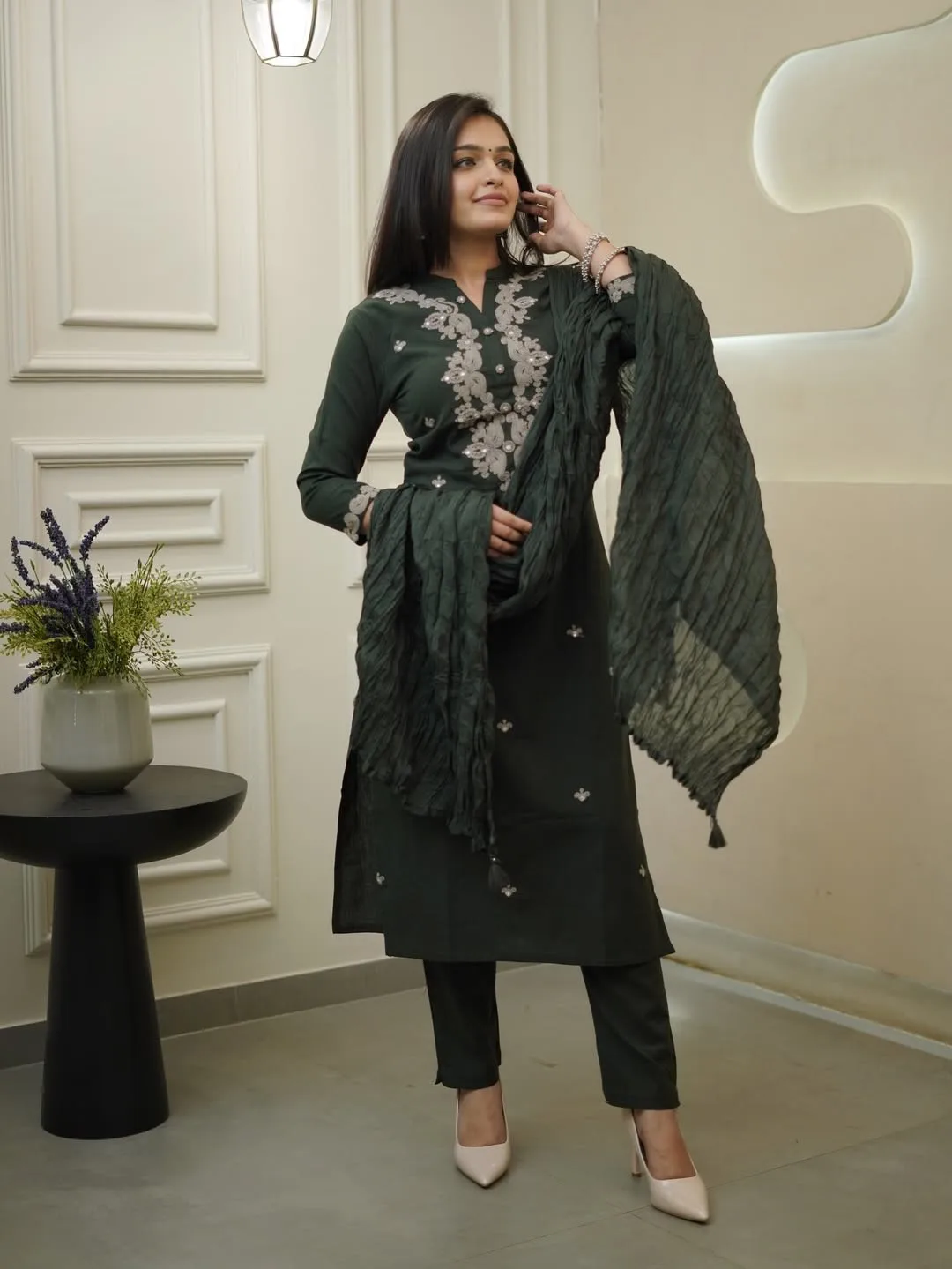 Rayon Slub Embroidery Coding With Show Button Kurta Set With Dupatta - Dark Green