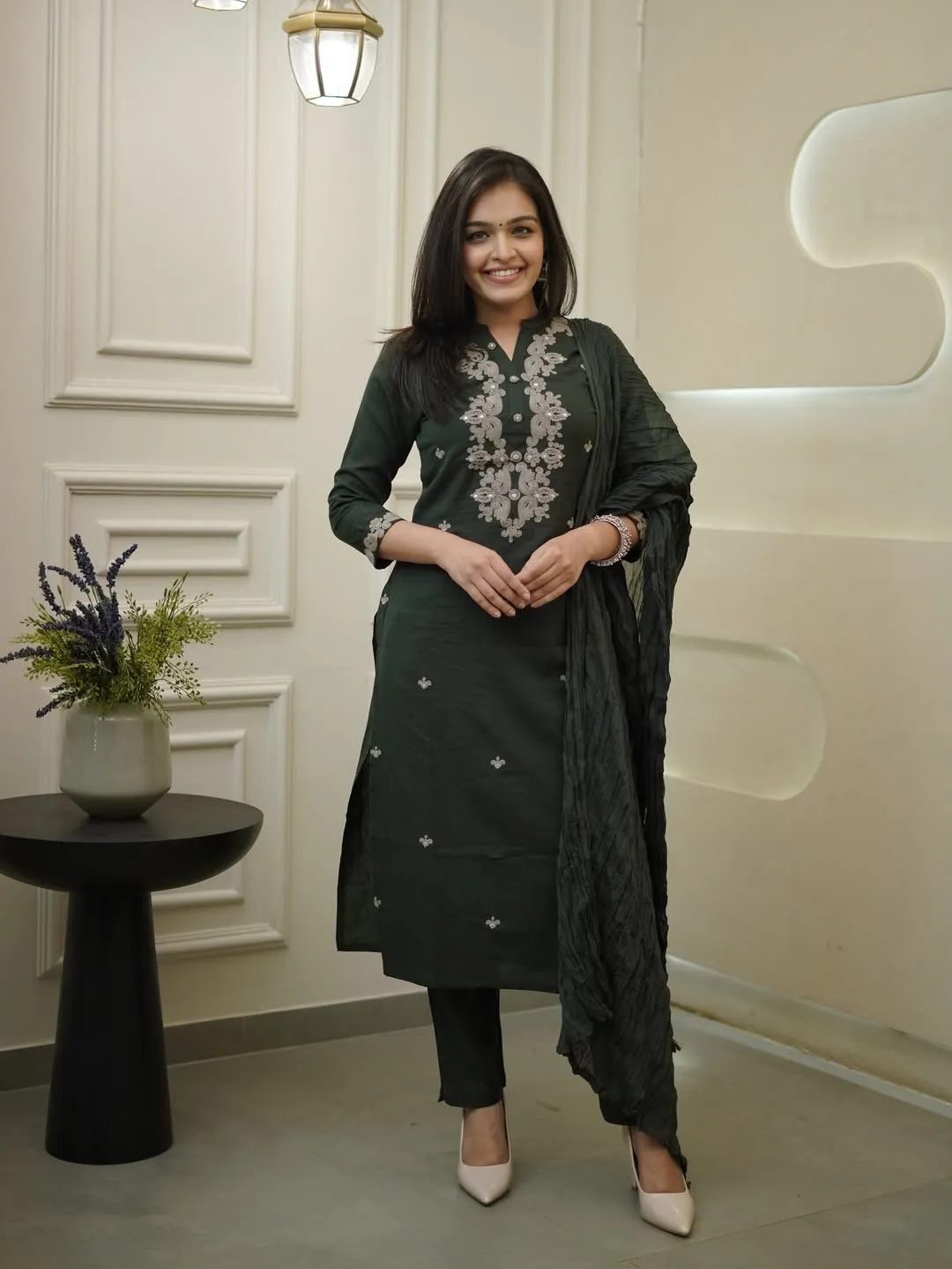 Rayon Slub Embroidery Coding With Show Button Kurta Set With Dupatta - Dark Green