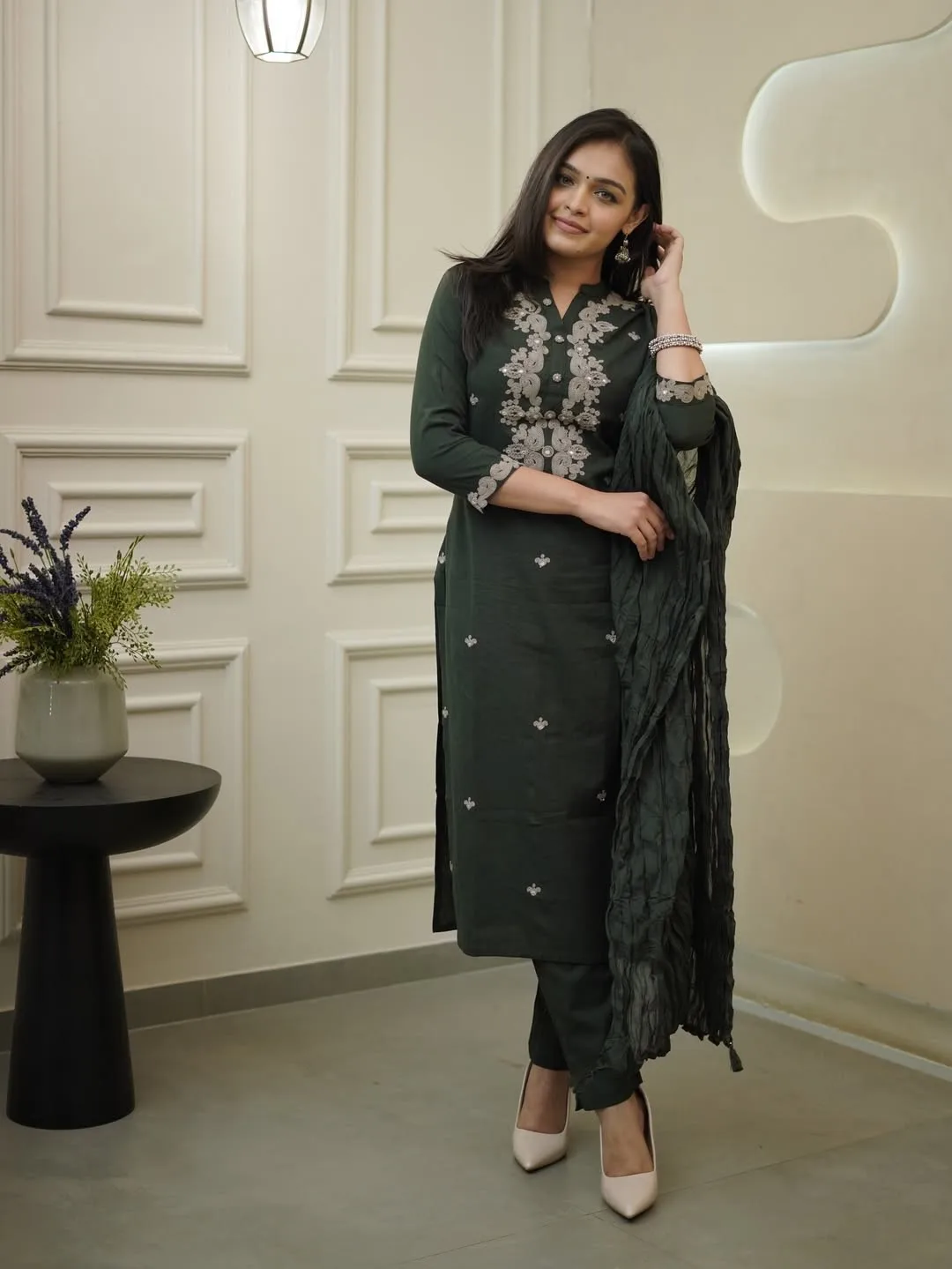 Rayon Slub Embroidery Coding With Show Button Kurta Set With Dupatta - Dark Green