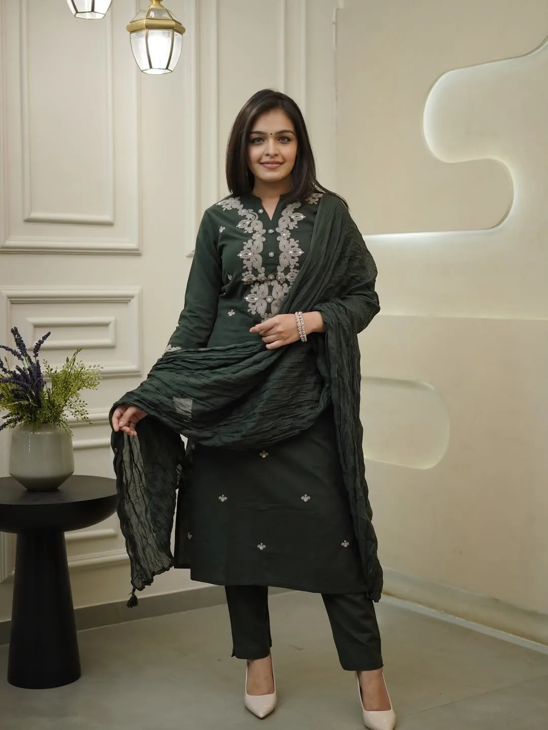Rayon Slub Embroidery Coding With Show Button Kurta Set With Dupatta - Dark Green