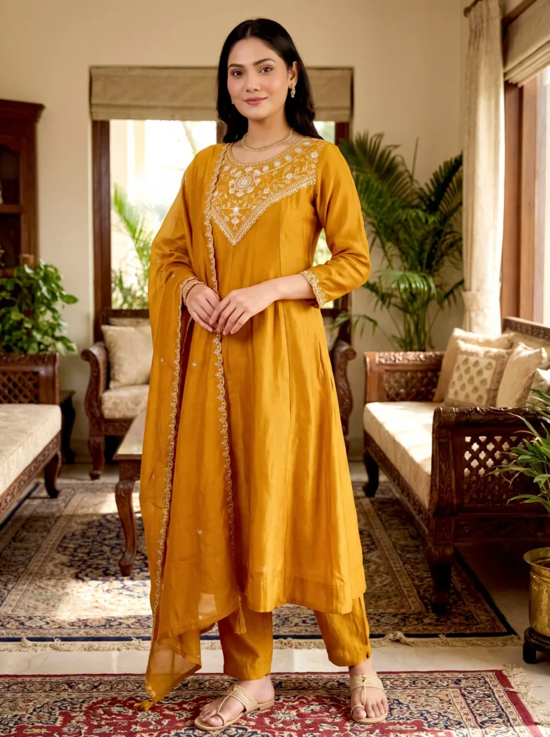 Vichitra Silk Embroidered With Flared Kurta Set With Dupatta - Gold