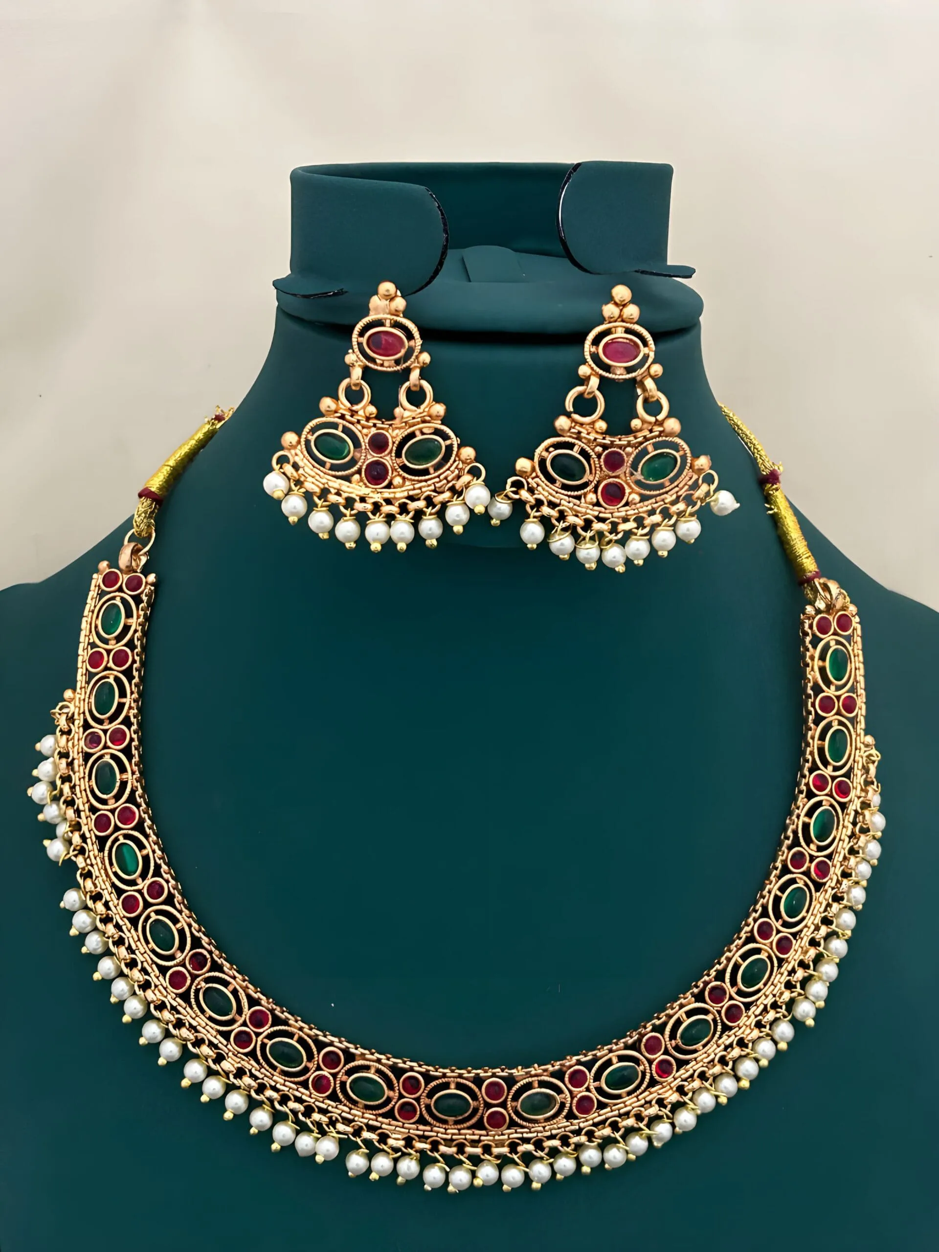 Traditional Green Red Stone Choker Necklace Set with Pearl Drops for Women
