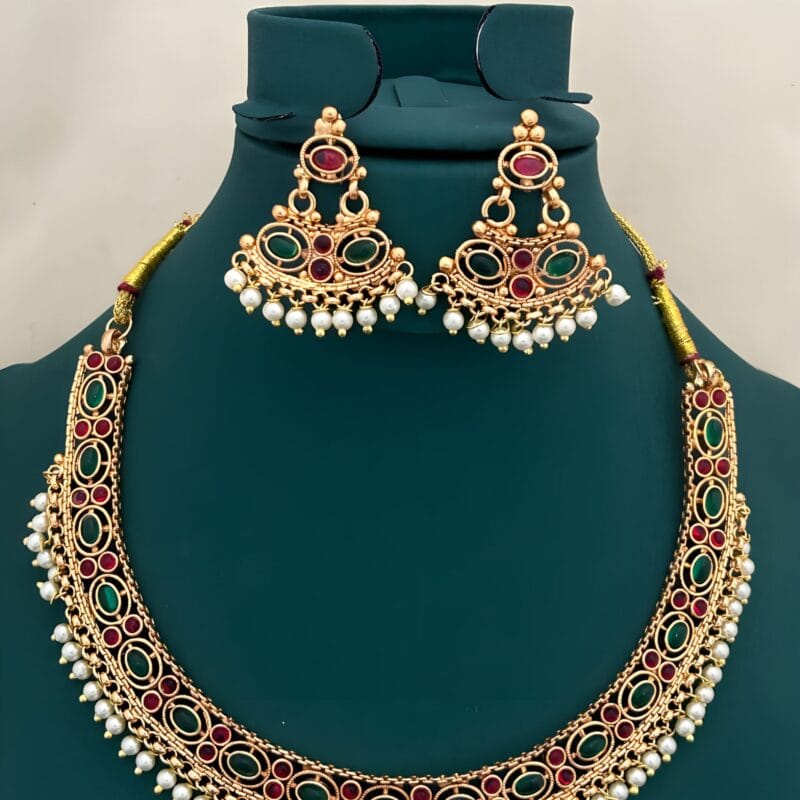 Traditional Green Red Stone Choker Necklace Set with Pearl Drops for Women