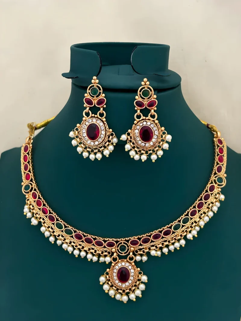 Traditional Ruby Green Stone Choker Necklace Set with Pearl Drops for Women