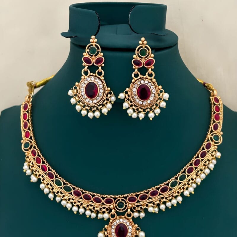Traditional Ruby Green Stone Choker Necklace Set with Pearl Drops for Women
