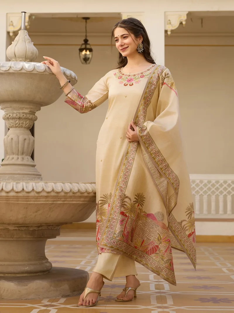 Viscose Assam-silk Beads And Embroidered Kurta Set With Dupatta - Default