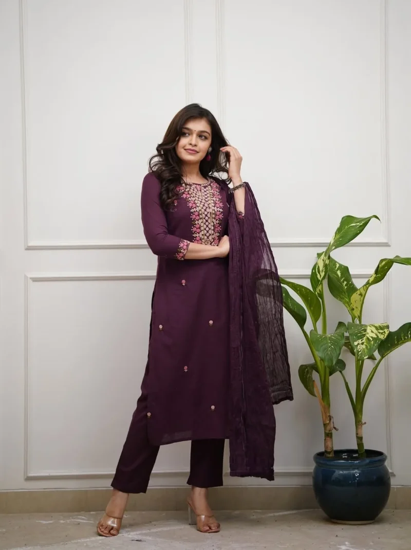 Rayon Slub Embroidered Kurta Set With Dupatta - Default