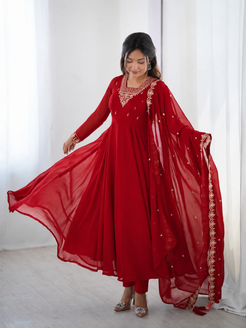 Red Georgette Embroidered Kurta Set With Dupatta