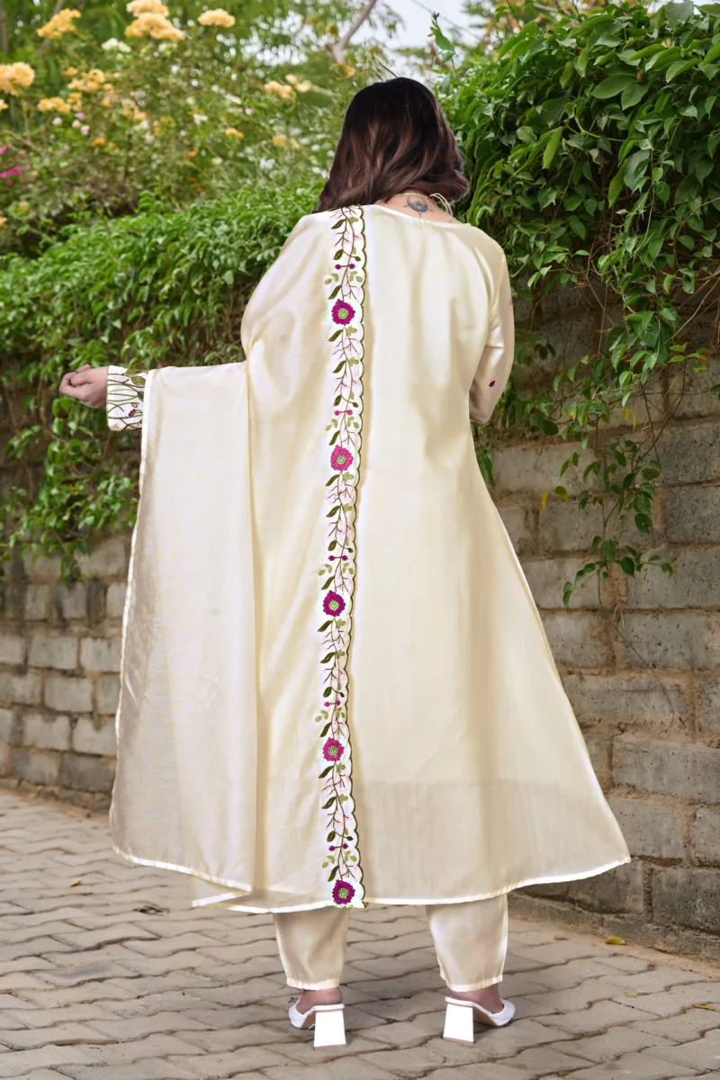 Chanderi Silk Embroidery + Hand Kurta Set With Dupatta - Cream