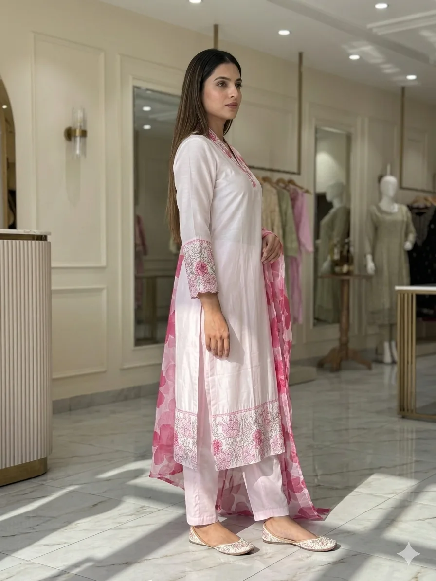 Chanderi Embroidered Kurta Set With Dupatta - Default