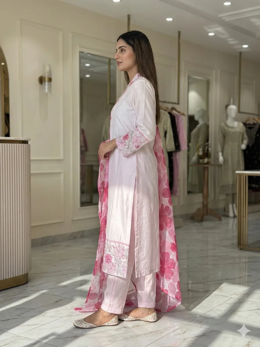 Chanderi Embroidered Kurta Set With Dupatta - Default