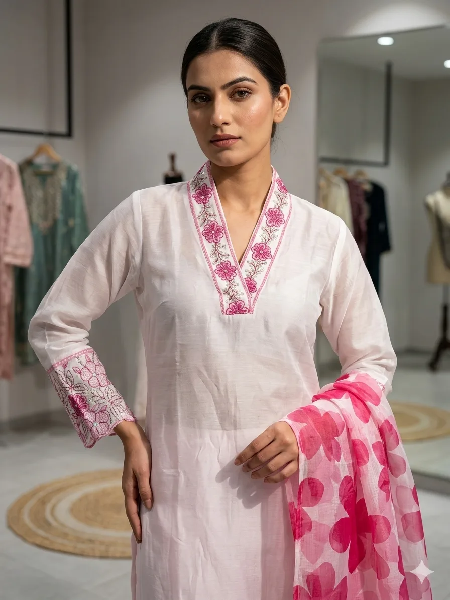 Chanderi Embroidered Kurta Set With Dupatta - Default