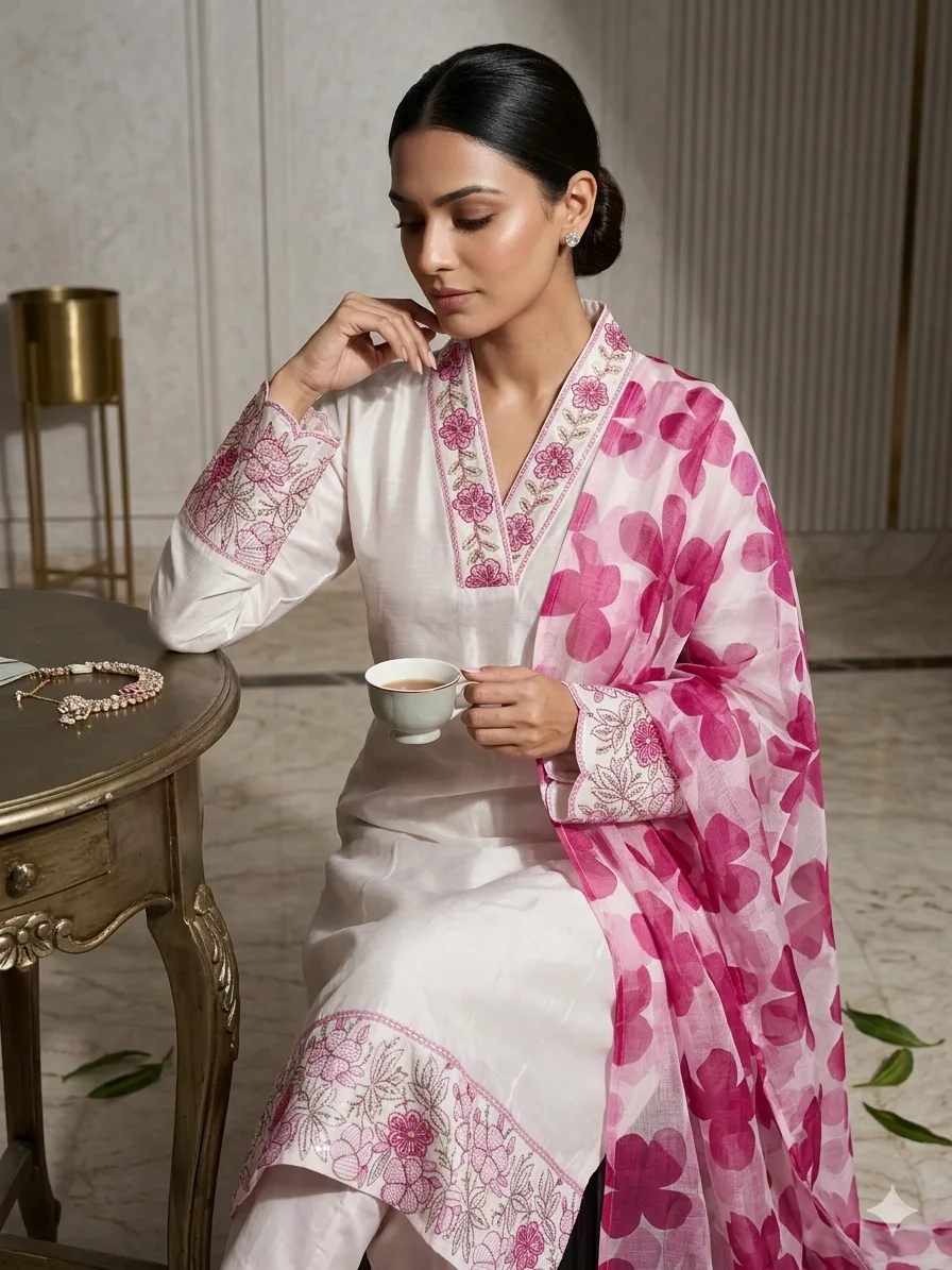 Chanderi Embroidered Kurta Set With Dupatta - Default
