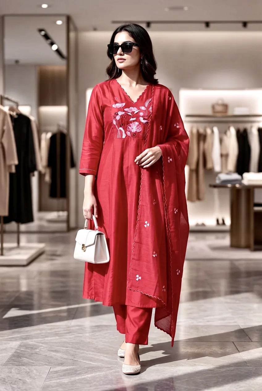 Pv-chanderi Embroidered Kurta Set With Dupatta - Default