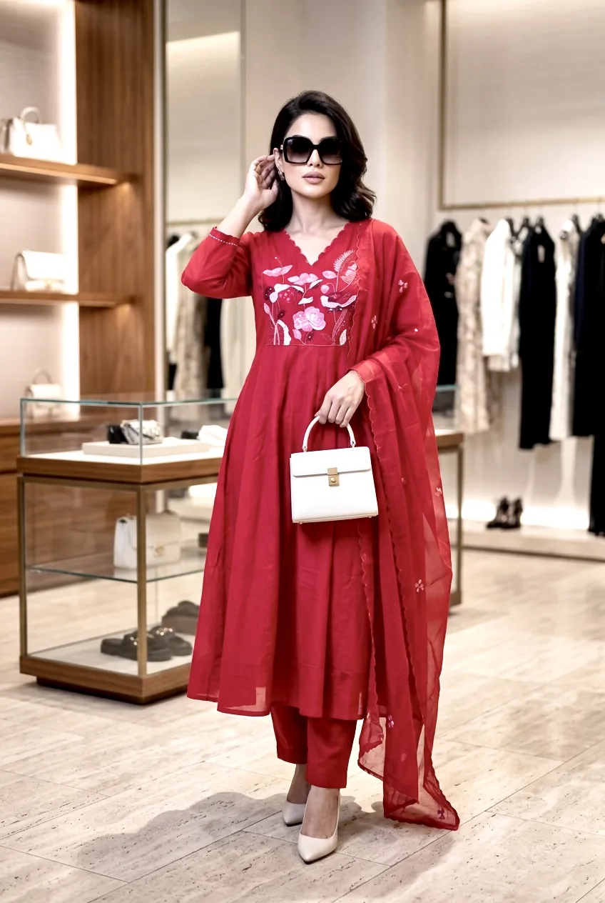 Pv-chanderi Embroidered Kurta Set With Dupatta - Default