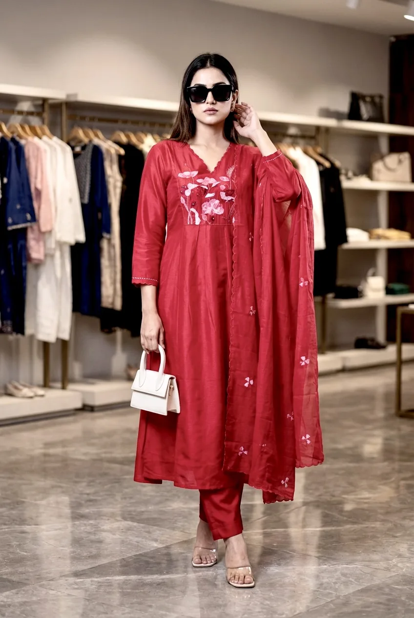 Pv-chanderi Embroidered Kurta Set With Dupatta - Default