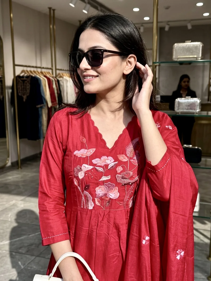 Pv-chanderi Embroidered Kurta Set With Dupatta - Default