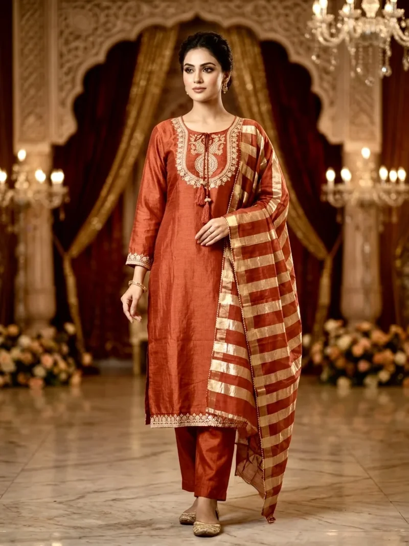 Vichitra Silk Embroidered Kurta Set With Dupatta - Default