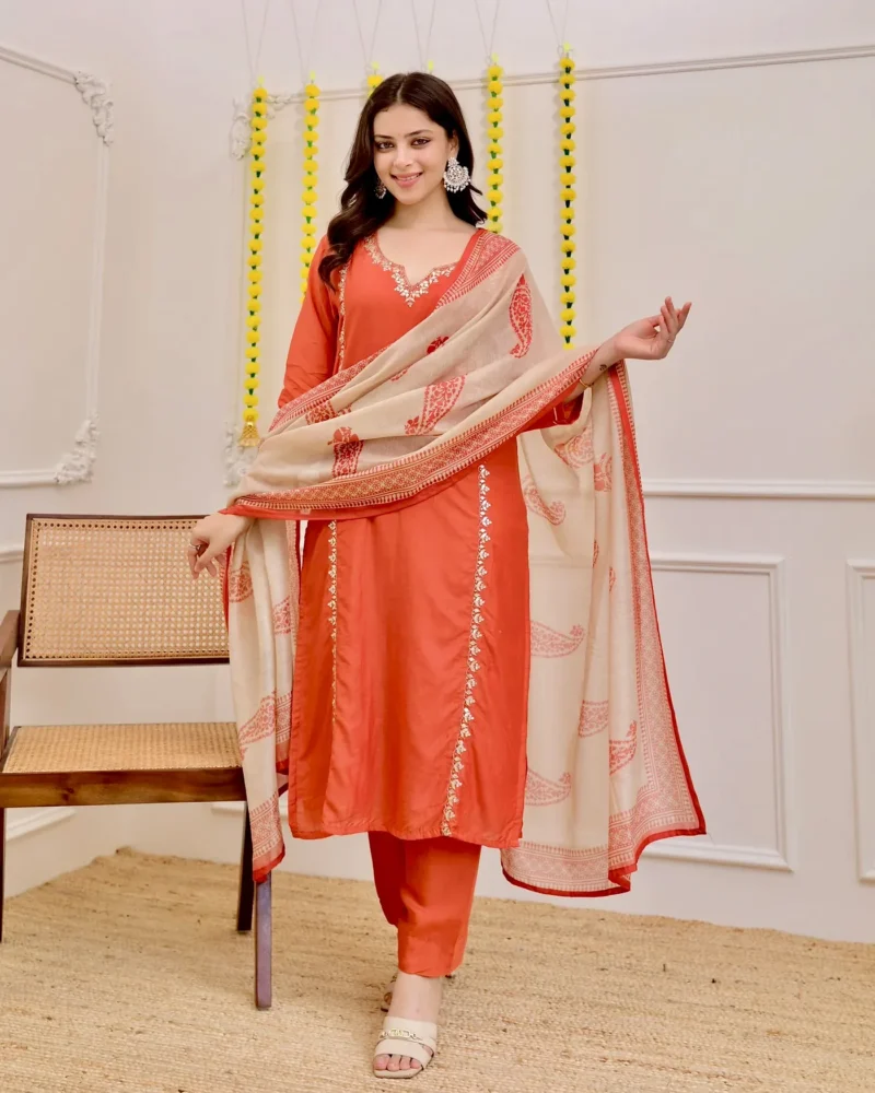 Reyon Slub Embroidered Kurta Set With Dupatta - Default