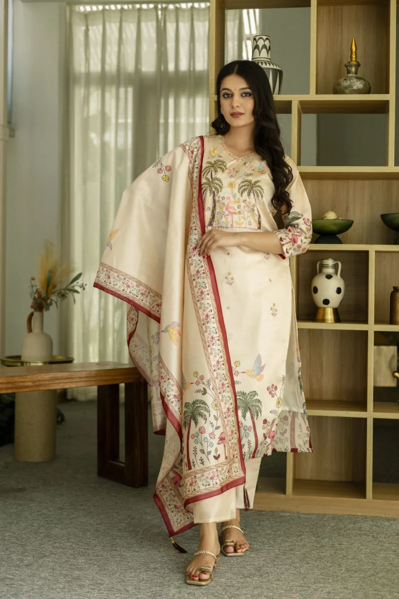 Viscose Assam-silk Beads And Embroidered Kurta Set With Dupatta - Cream