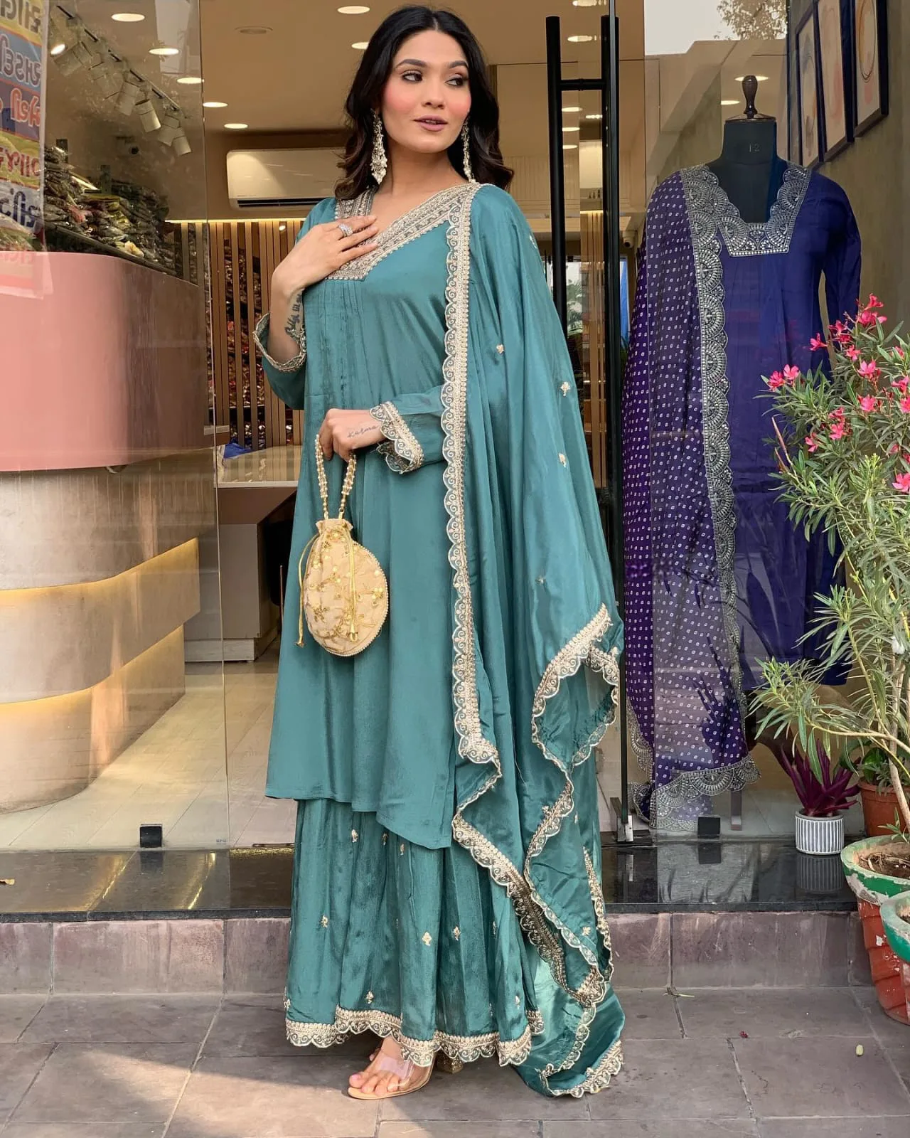 Chinon Embroidery Kurta Set With Dupatta - Default