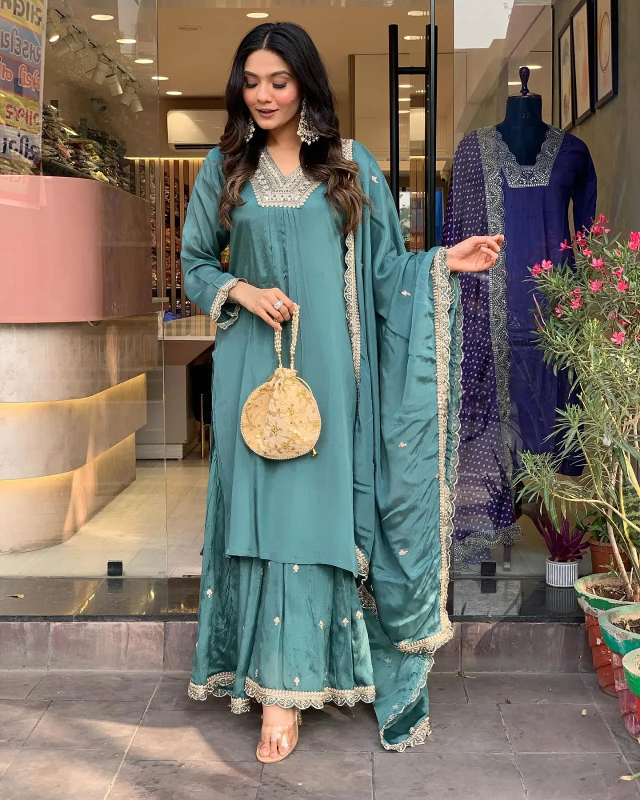 Chinon Embroidery Kurta Set With Dupatta - Default